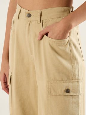 Beige Twill Multi Pocket Wide Leg Cargo Pants-SASSAFRAS