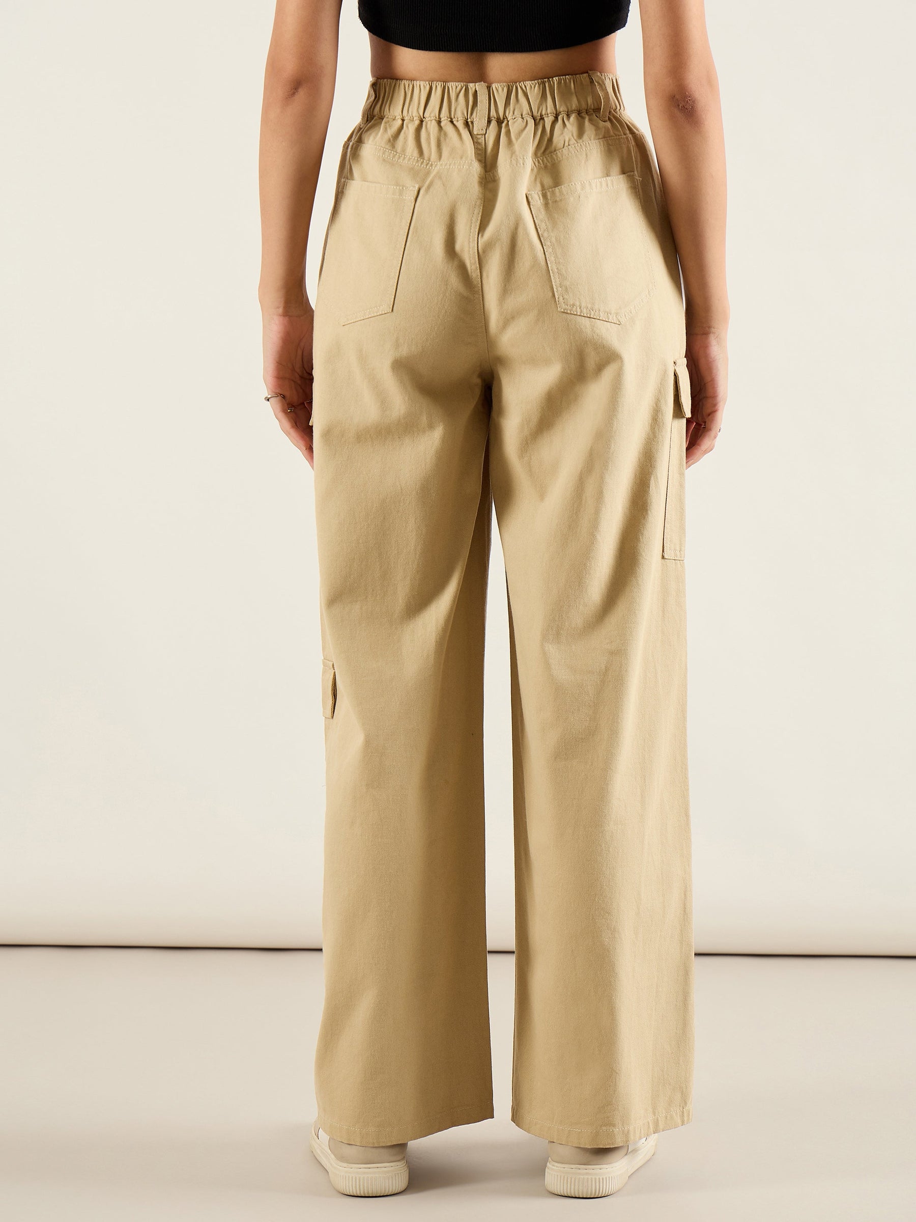 Beige Twill Multi Pocket Wide Leg Cargo Pants-SASSAFRAS