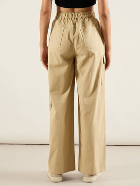 Beige Twill Multi Pocket Wide Leg Cargo Pants-SASSAFRAS