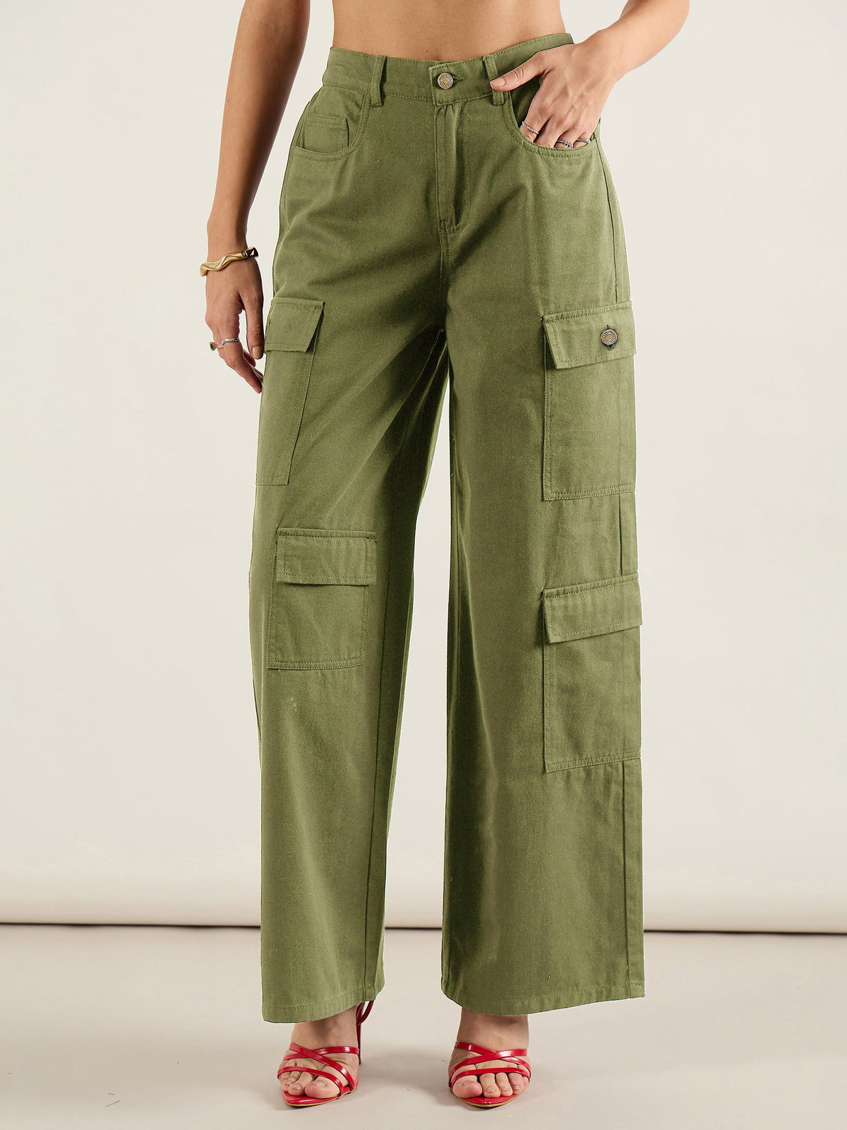 Olive Twill Multi Pocket Wide Leg Cargo Pants-SASSAFRAS