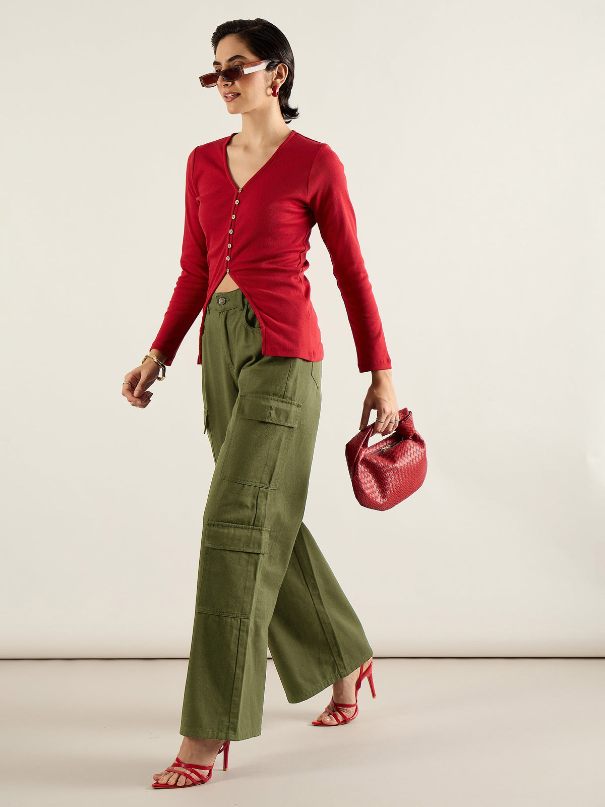 Olive Twill Multi Pocket Wide Leg Cargo Pants-SASSAFRAS
