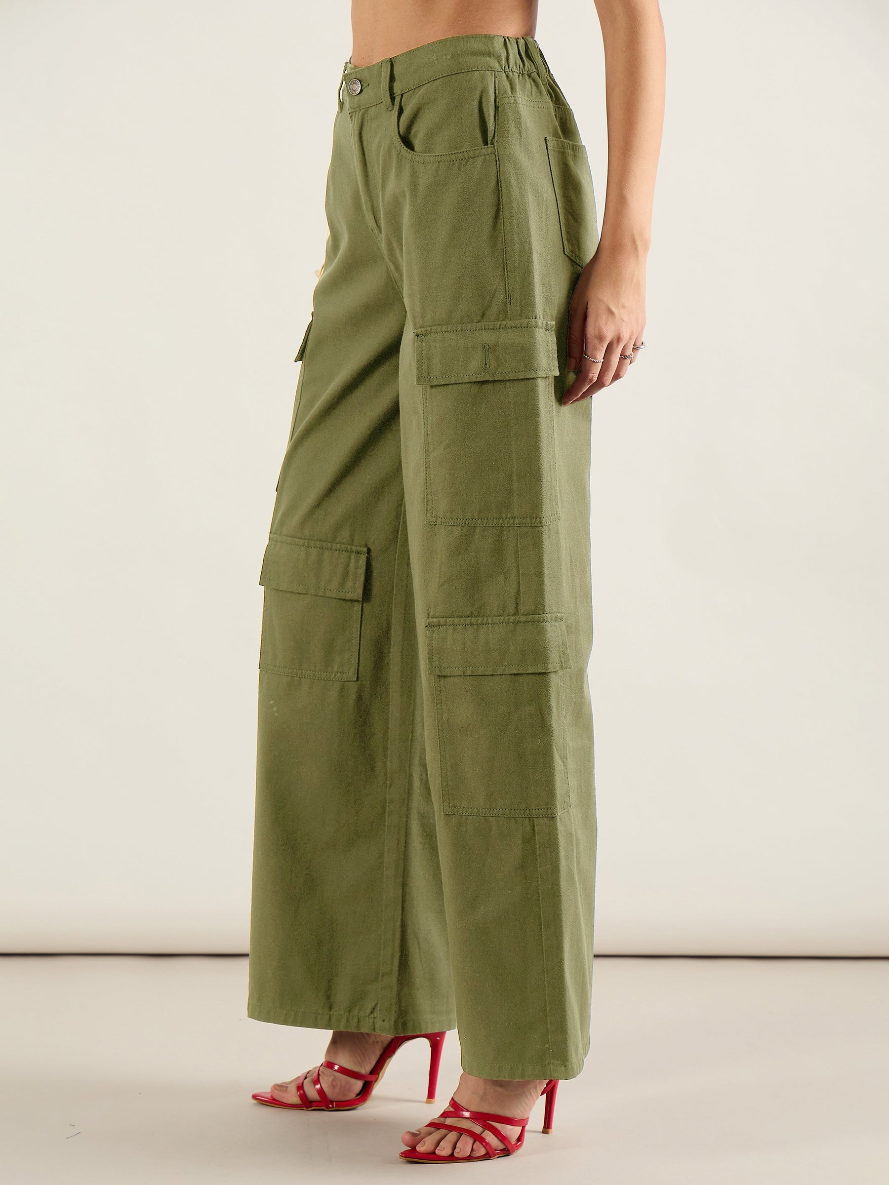 Olive Twill Multi Pocket Wide Leg Cargo Pants-SASSAFRAS