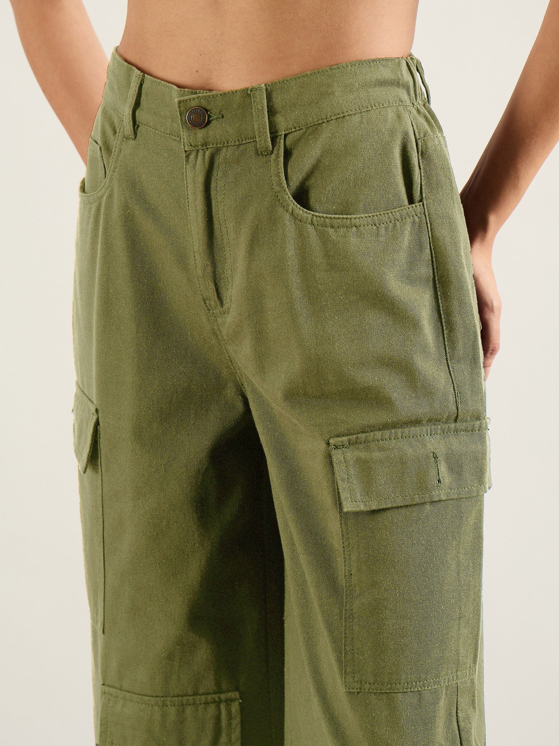 Olive Twill Multi Pocket Wide Leg Cargo Pants-SASSAFRAS
