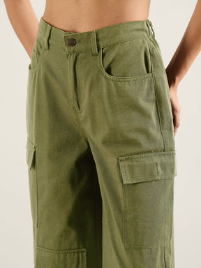 Olive Twill Multi Pocket Wide Leg Cargo Pants-SASSAFRAS