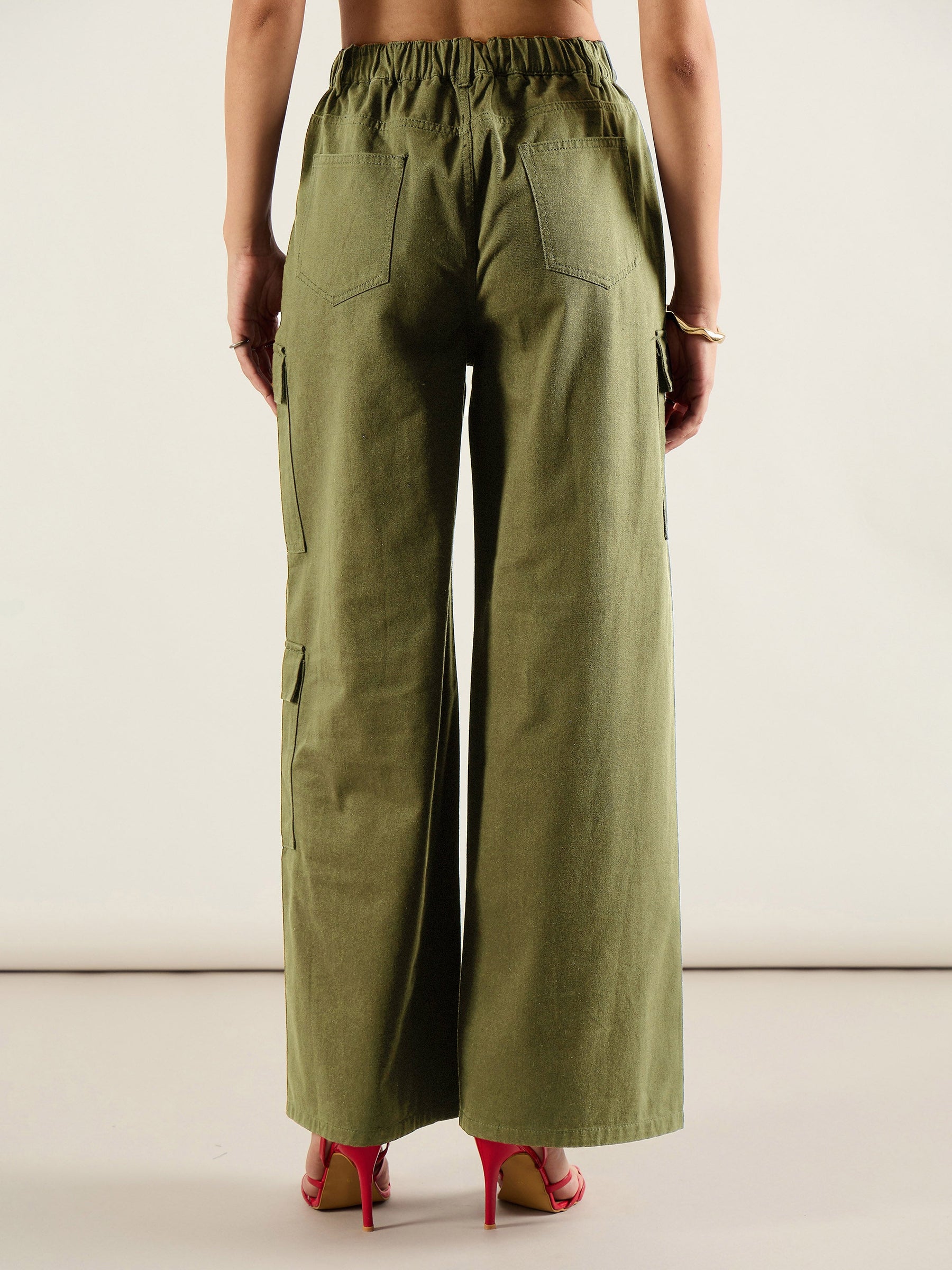 Olive Twill Multi Pocket Wide Leg Cargo Pants-SASSAFRAS