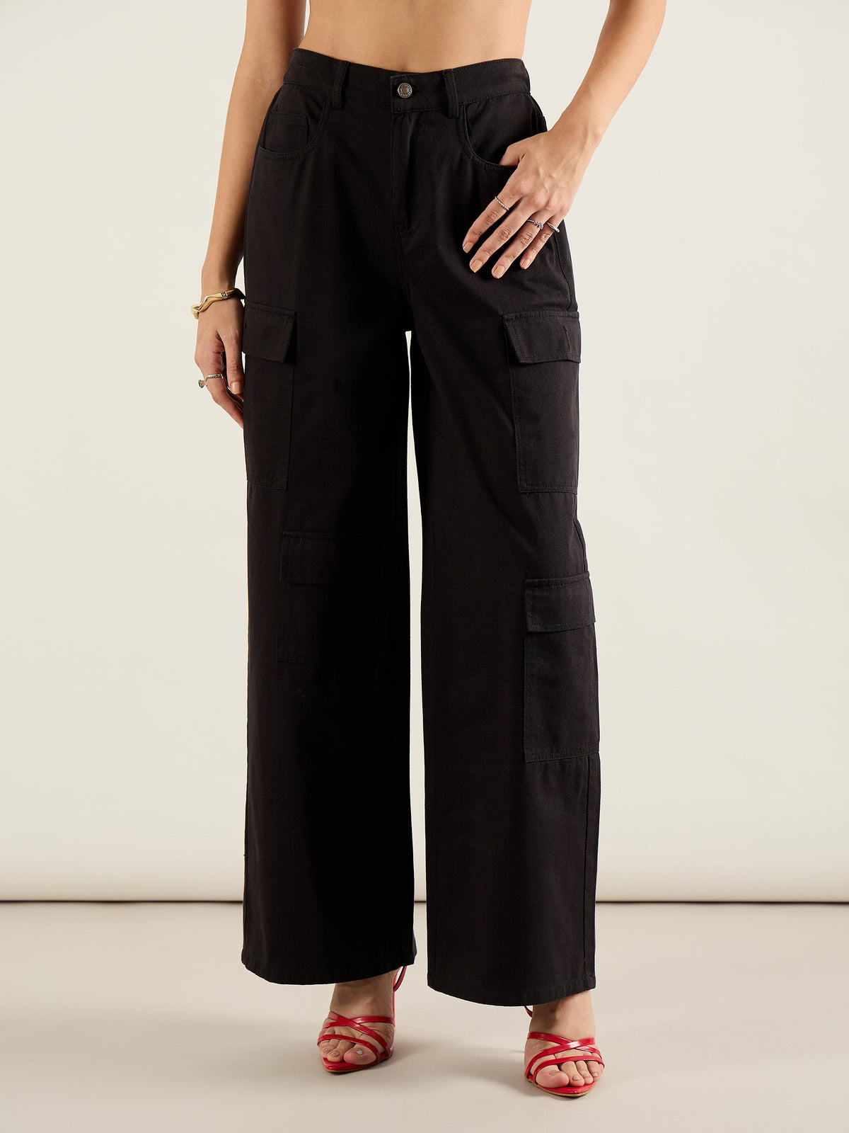 Black Twill Multi Pocket Wide Leg Cargo Pants-SASSAFRAS