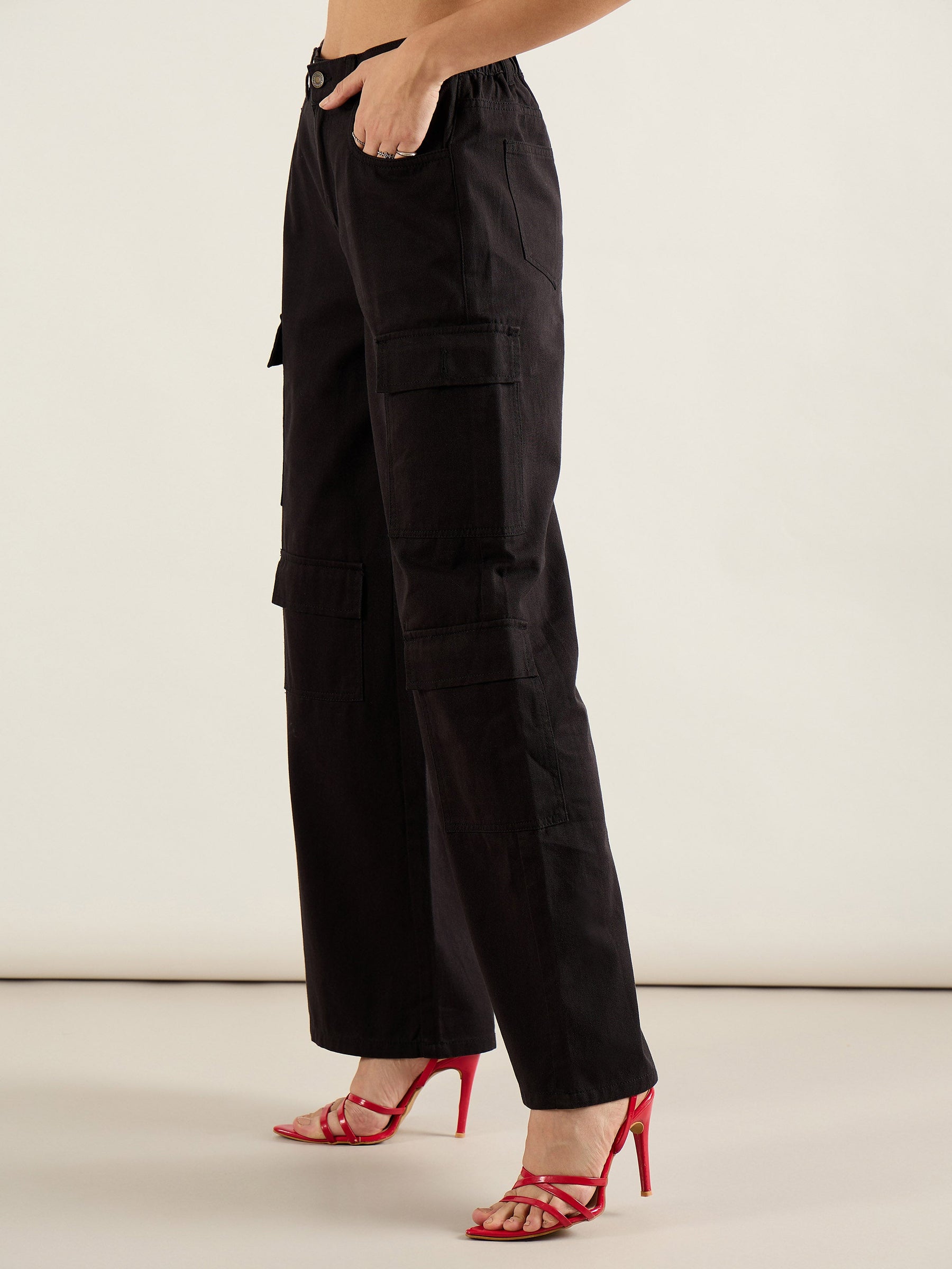 Black Twill Multi Pocket Wide Leg Cargo Pants-SASSAFRAS