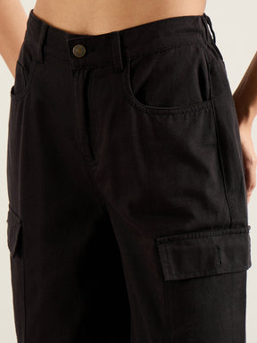 Black Twill Multi Pocket Wide Leg Cargo Pants-SASSAFRAS