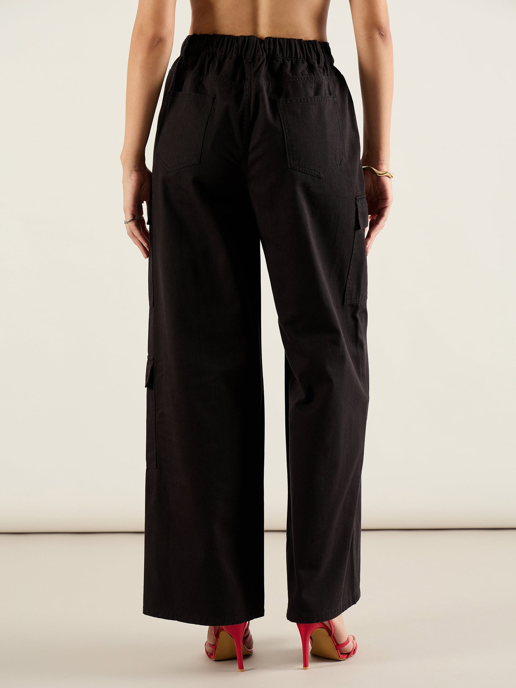 Black Twill Multi Pocket Wide Leg Cargo Pants-SASSAFRAS