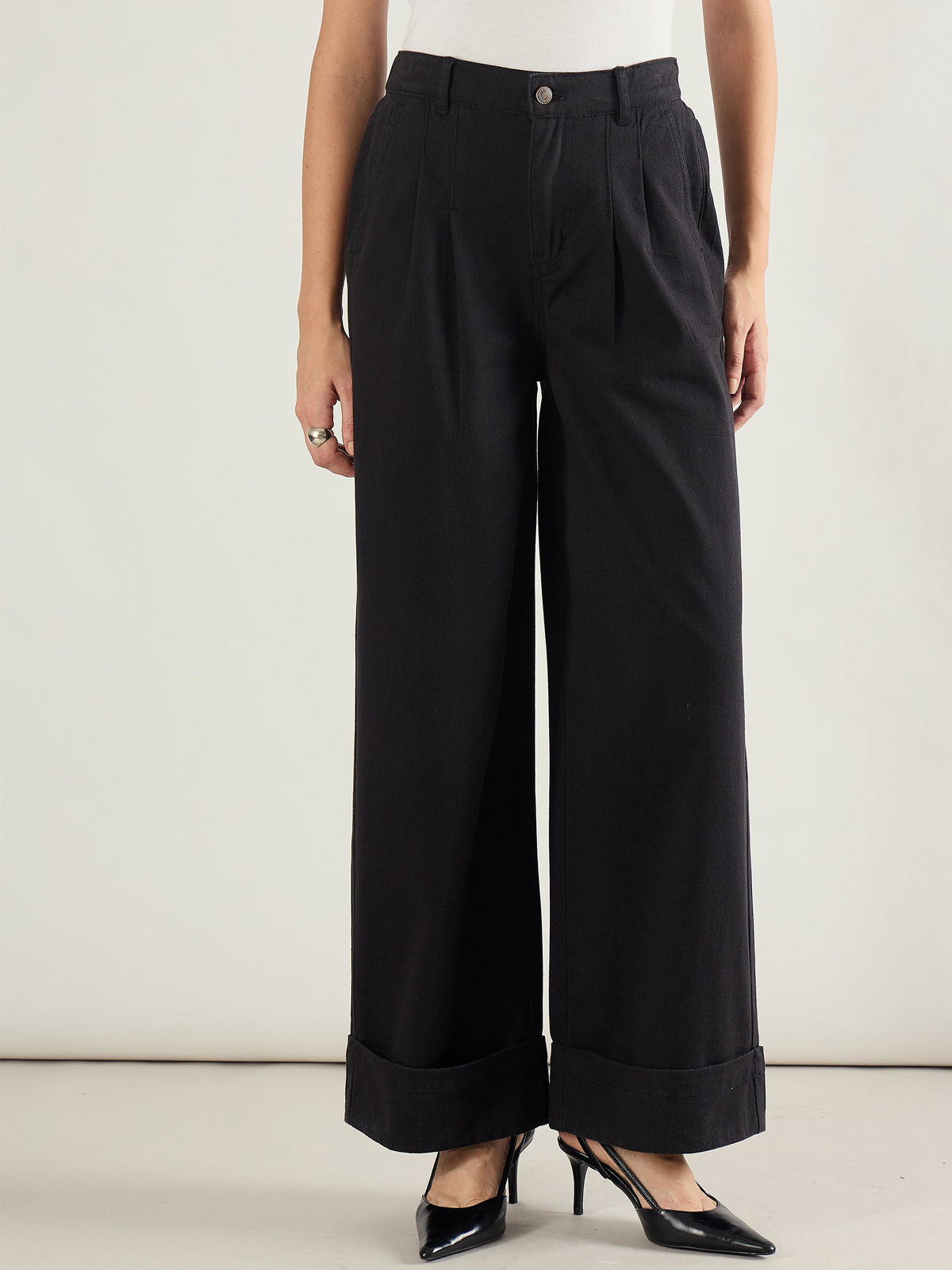 Black Twill Inverted Hem Wide Leg Pants-SASSAFRAS BASICS