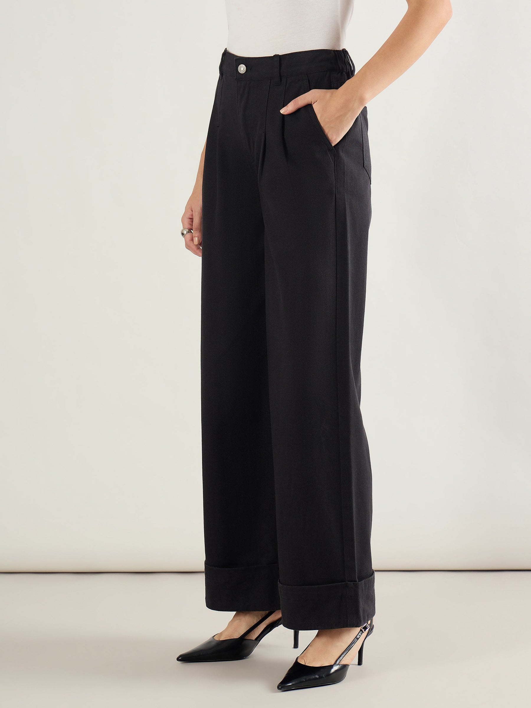 Black Twill Inverted Hem Wide Leg Pants-SASSAFRAS BASICS