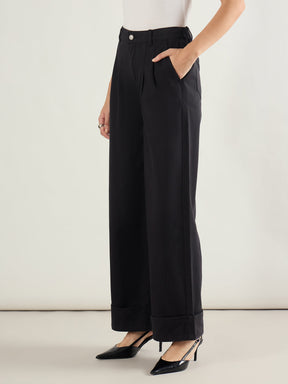 Black Twill Inverted Hem Wide Leg Pants-SASSAFRAS BASICS