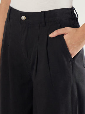 Black Twill Inverted Hem Wide Leg Pants-SASSAFRAS BASICS