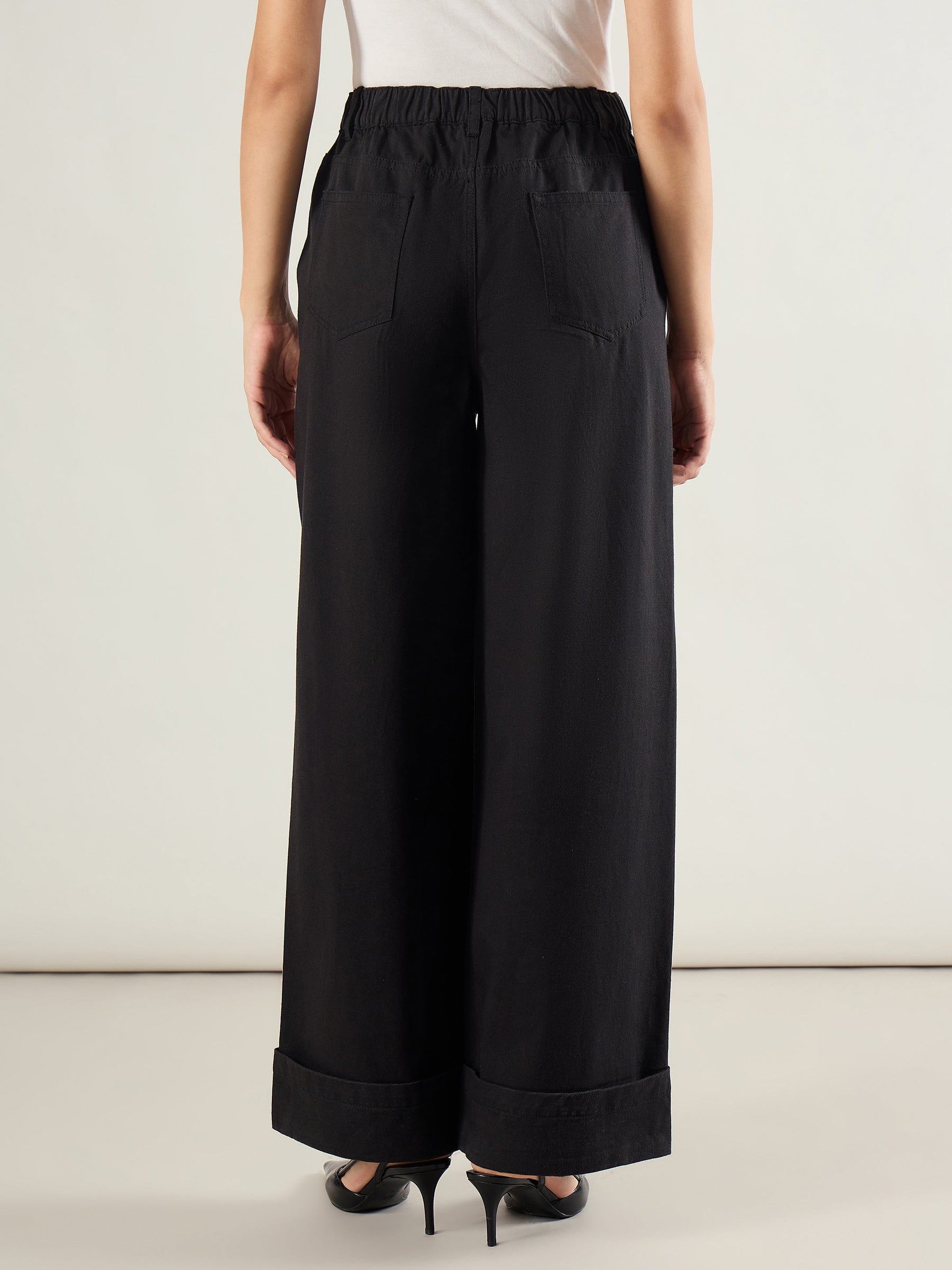 Black Twill Inverted Hem Wide Leg Pants-SASSAFRAS BASICS