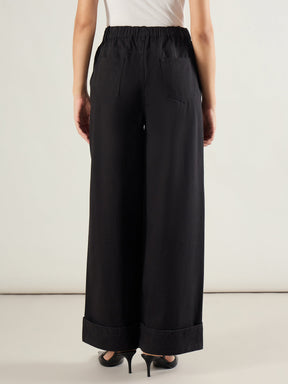 Black Twill Inverted Hem Wide Leg Pants-SASSAFRAS BASICS