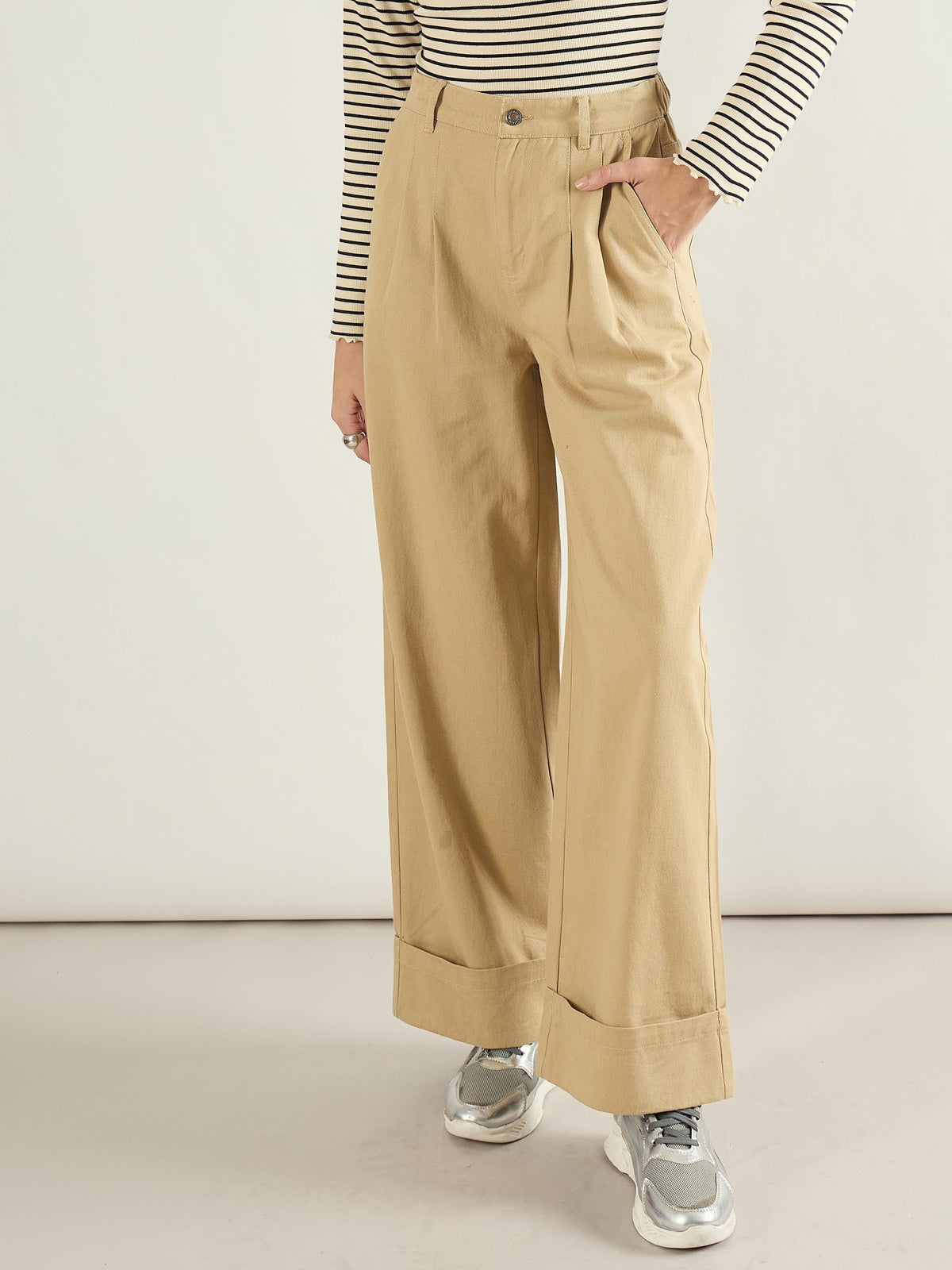 Beige Twill Inverted Hem Wide Leg Pants-SASSAFRAS BASICS