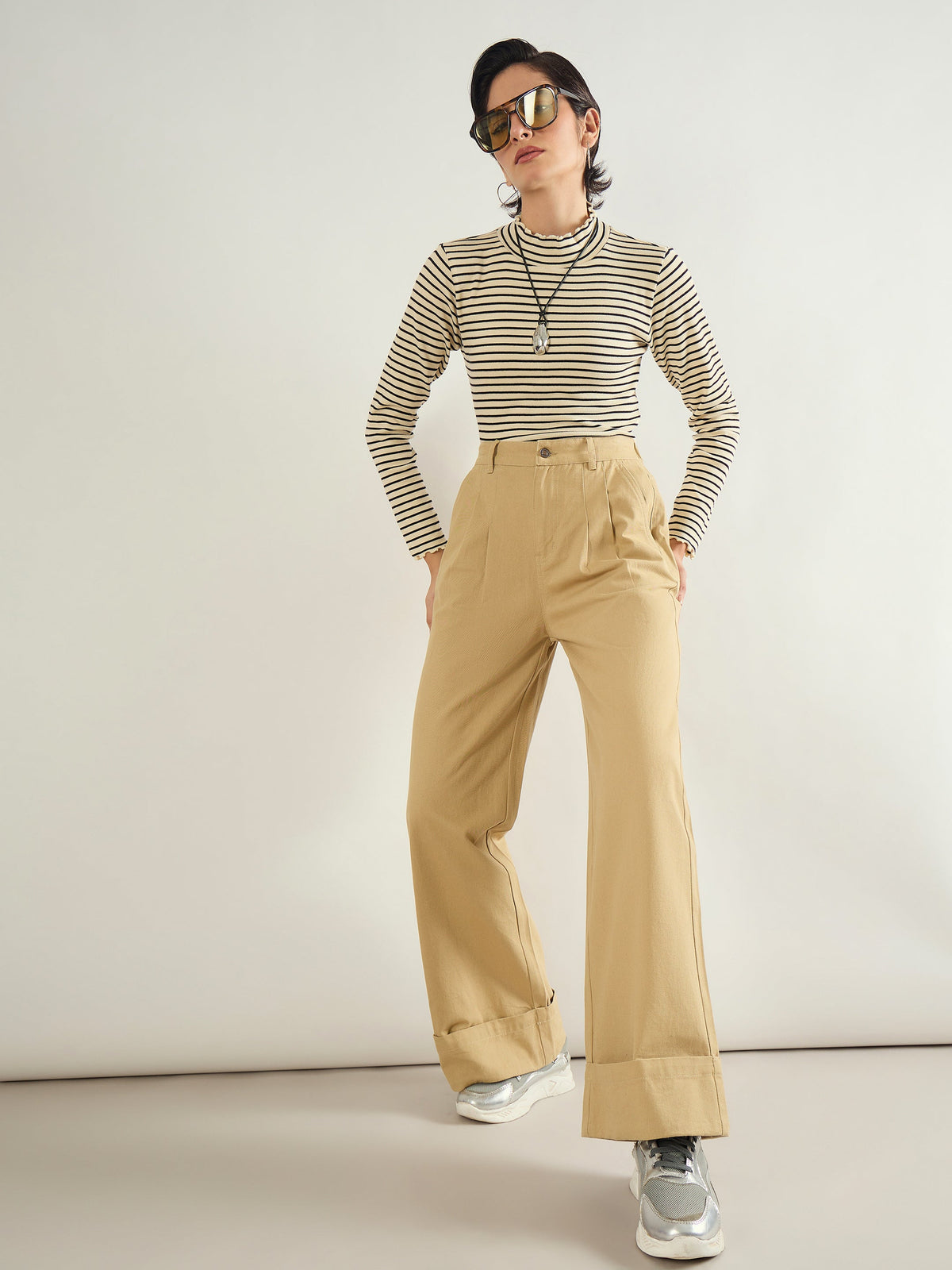 Beige Twill Inverted Hem Wide Leg Pants-SASSAFRAS BASICS