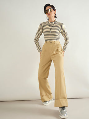 Beige Twill Inverted Hem Wide Leg Pants-SASSAFRAS BASICS