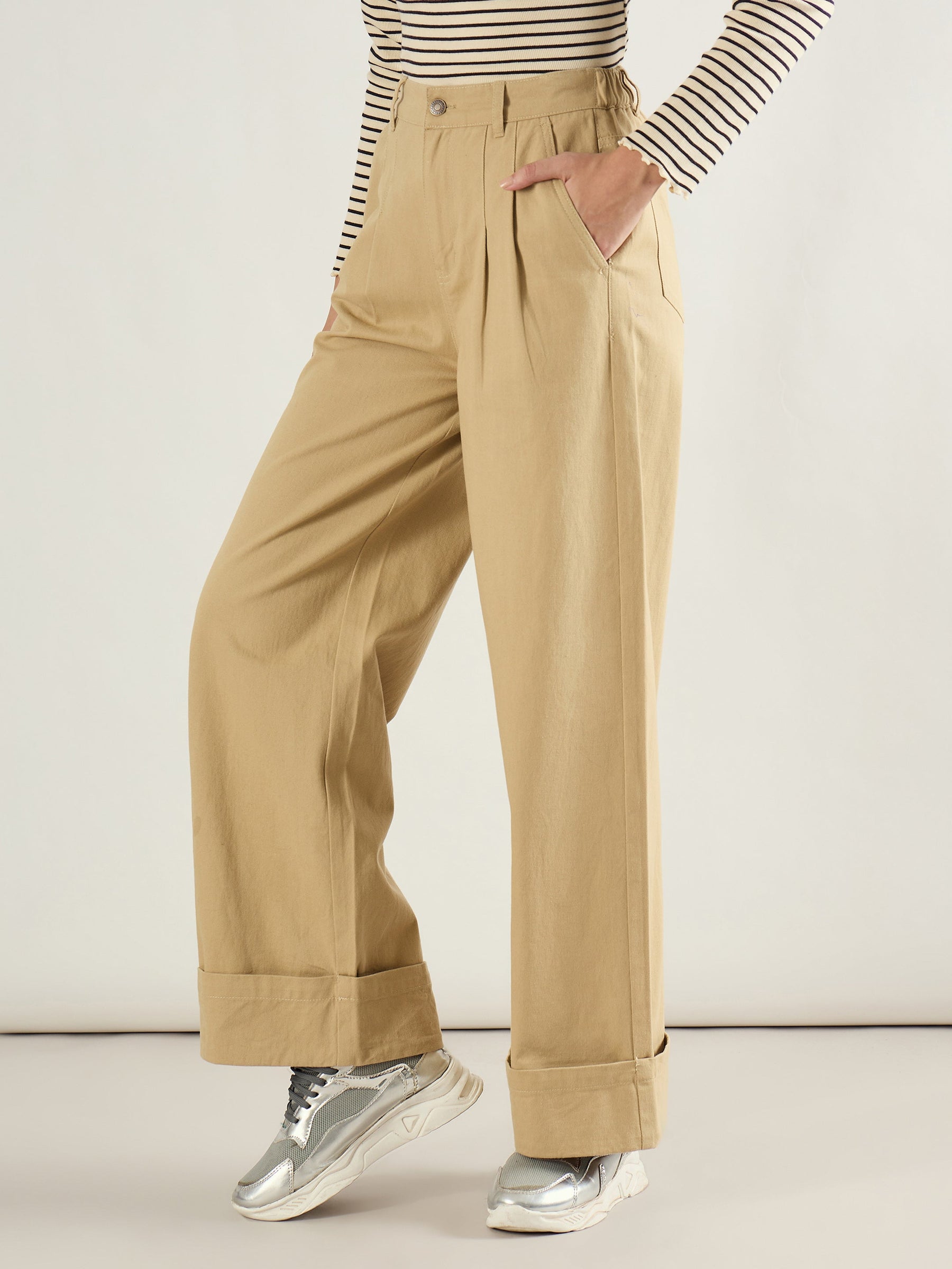 Beige Twill Inverted Hem Wide Leg Pants-SASSAFRAS BASICS