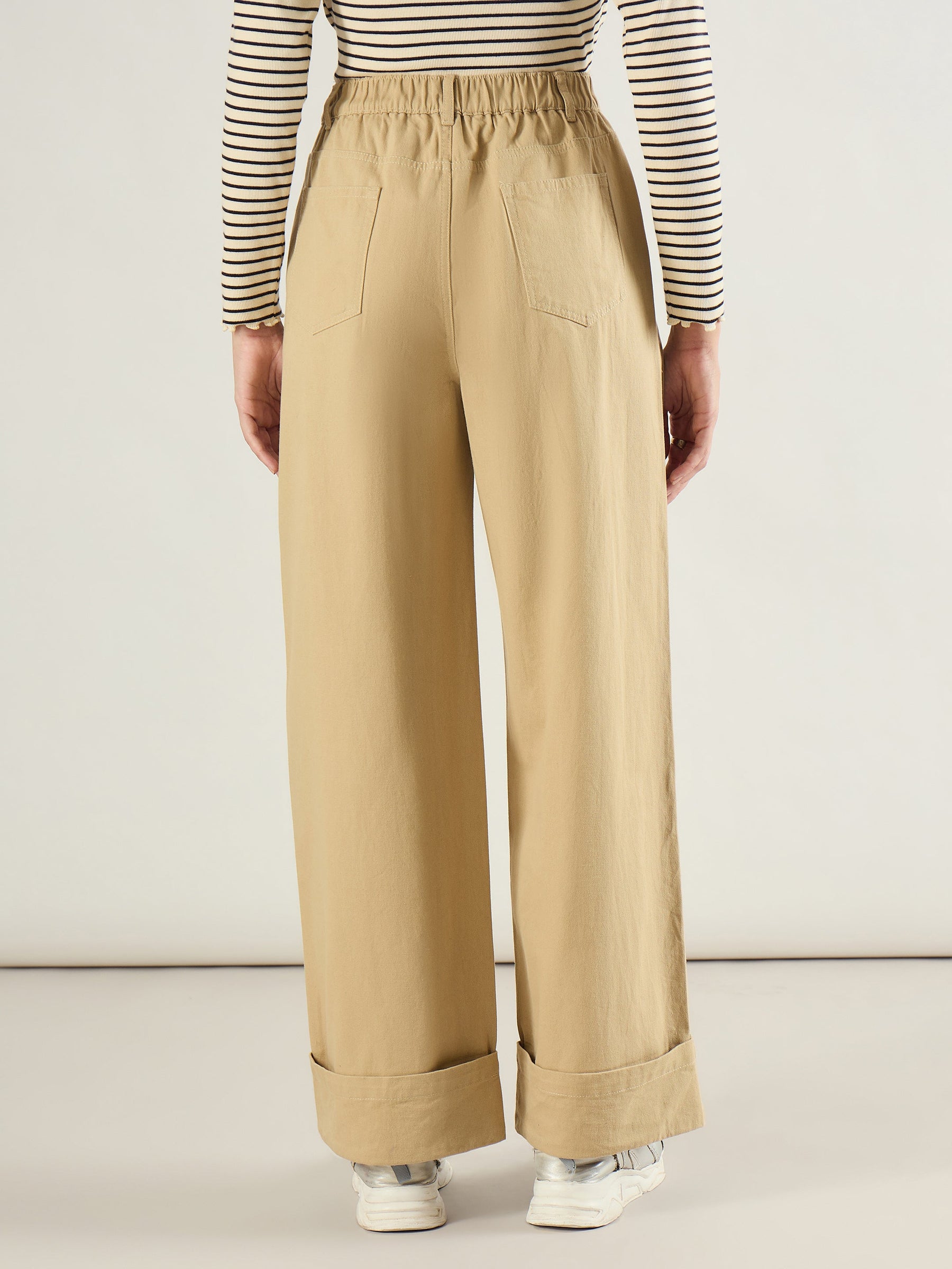Beige Twill Inverted Hem Wide Leg Pants-SASSAFRAS BASICS