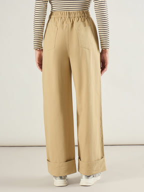 Beige Twill Inverted Hem Wide Leg Pants-SASSAFRAS BASICS