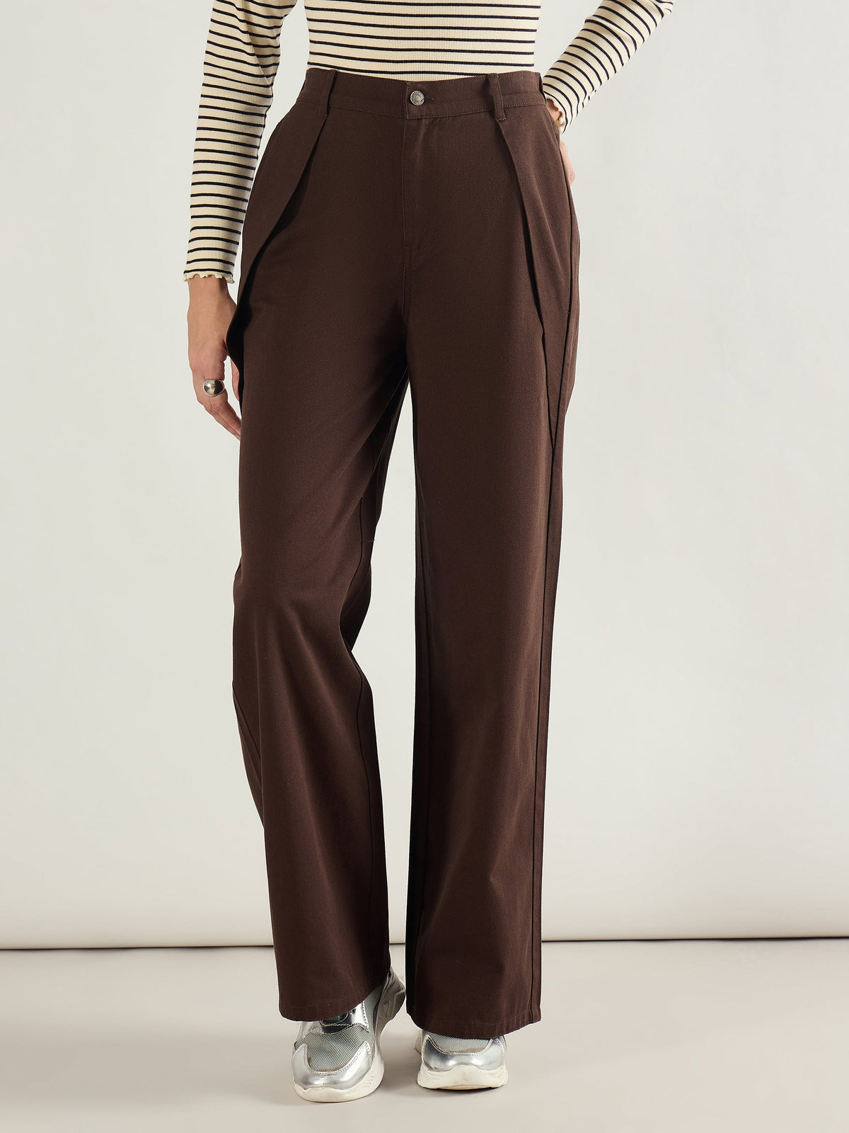 Brown Twill Inverted Pleat Wide Leg Pants-SASSAFRAS BASICS