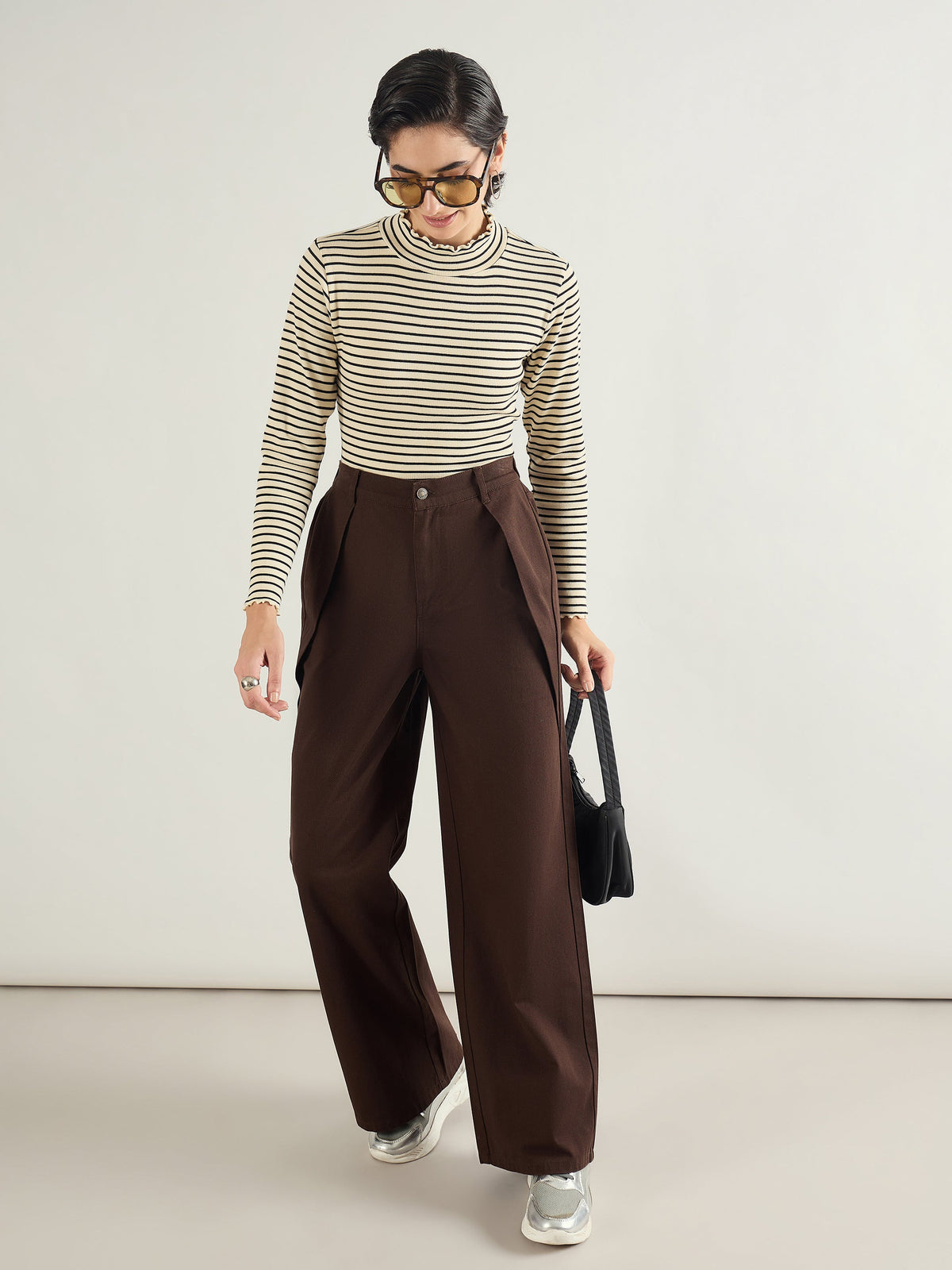 Brown Twill Inverted Pleat Wide Leg Pants-SASSAFRAS BASICS