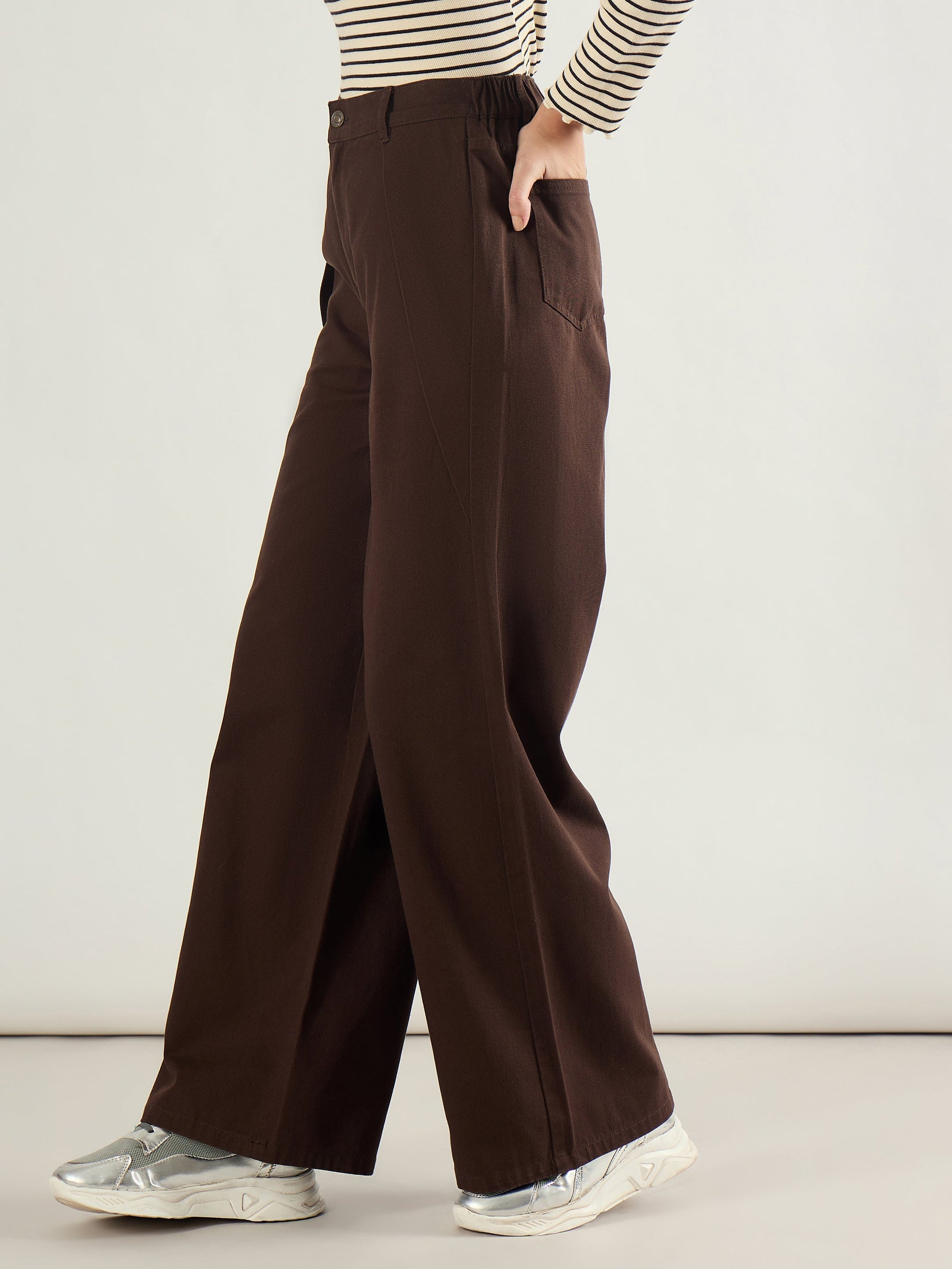 Brown Twill Inverted Pleat Wide Leg Pants-SASSAFRAS BASICS