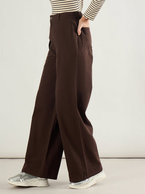 Brown Twill Inverted Pleat Wide Leg Pants-SASSAFRAS BASICS