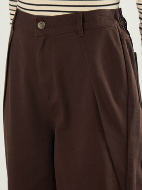 Brown Twill Inverted Pleat Wide Leg Pants-SASSAFRAS BASICS