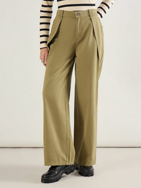 Olive Twill Inverted Pleat Wide Leg Pants-SASSAFRAS BASICS