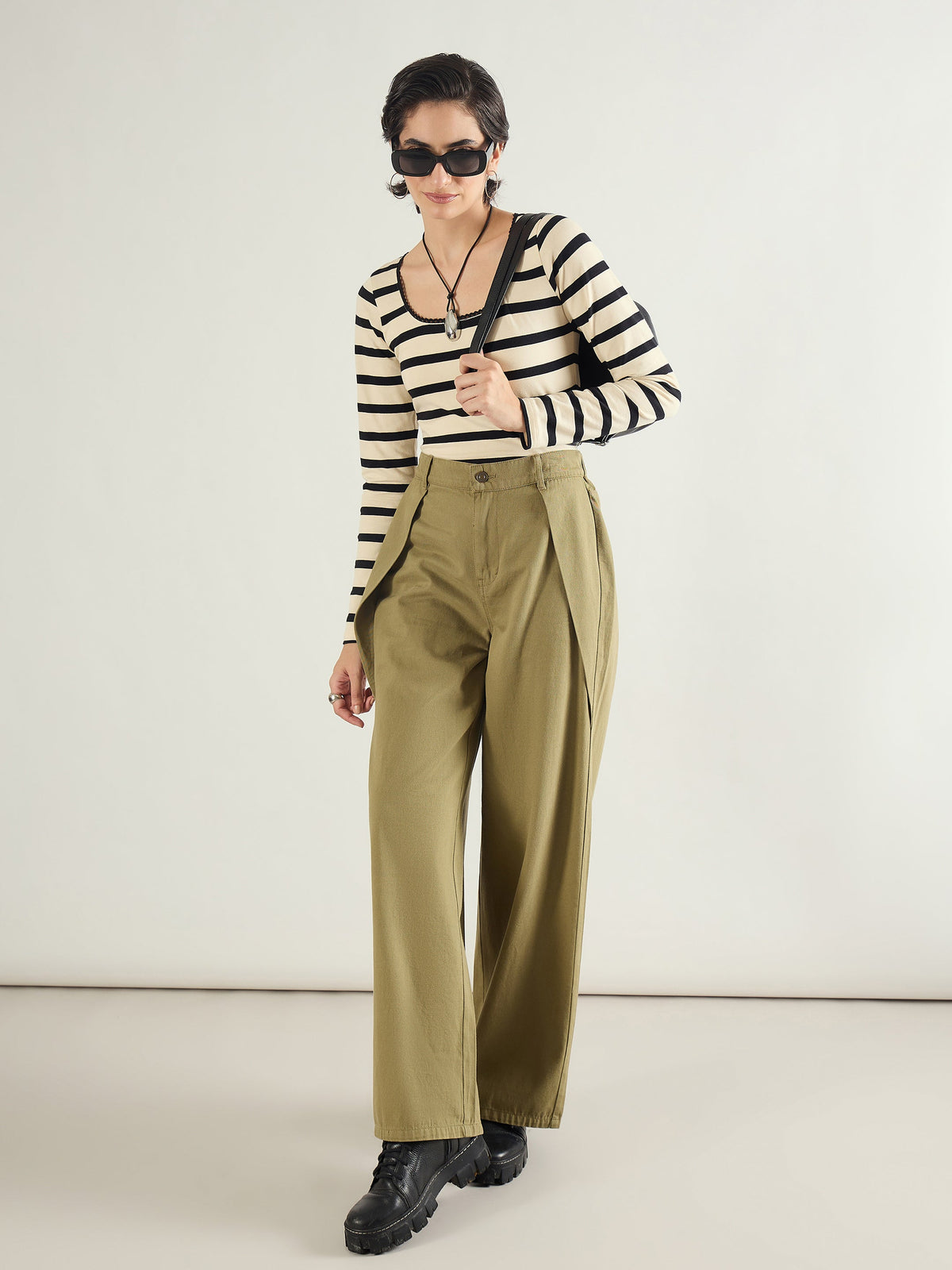 Olive Twill Inverted Pleat Wide Leg Pants-SASSAFRAS BASICS