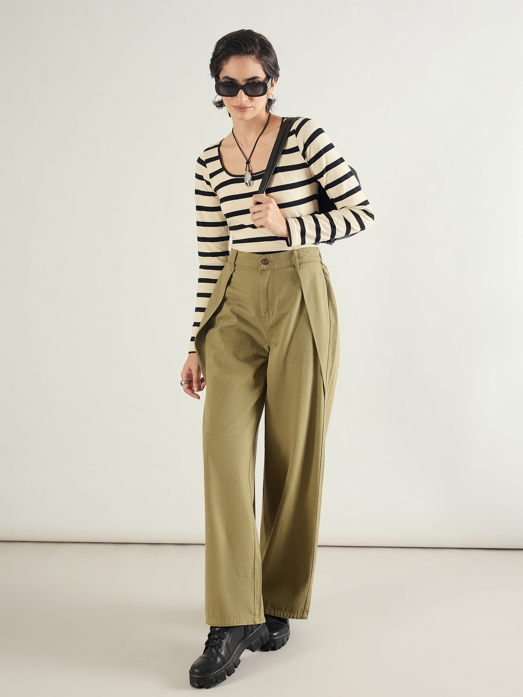 Olive Twill Inverted Pleat Wide Leg Pants-SASSAFRAS BASICS