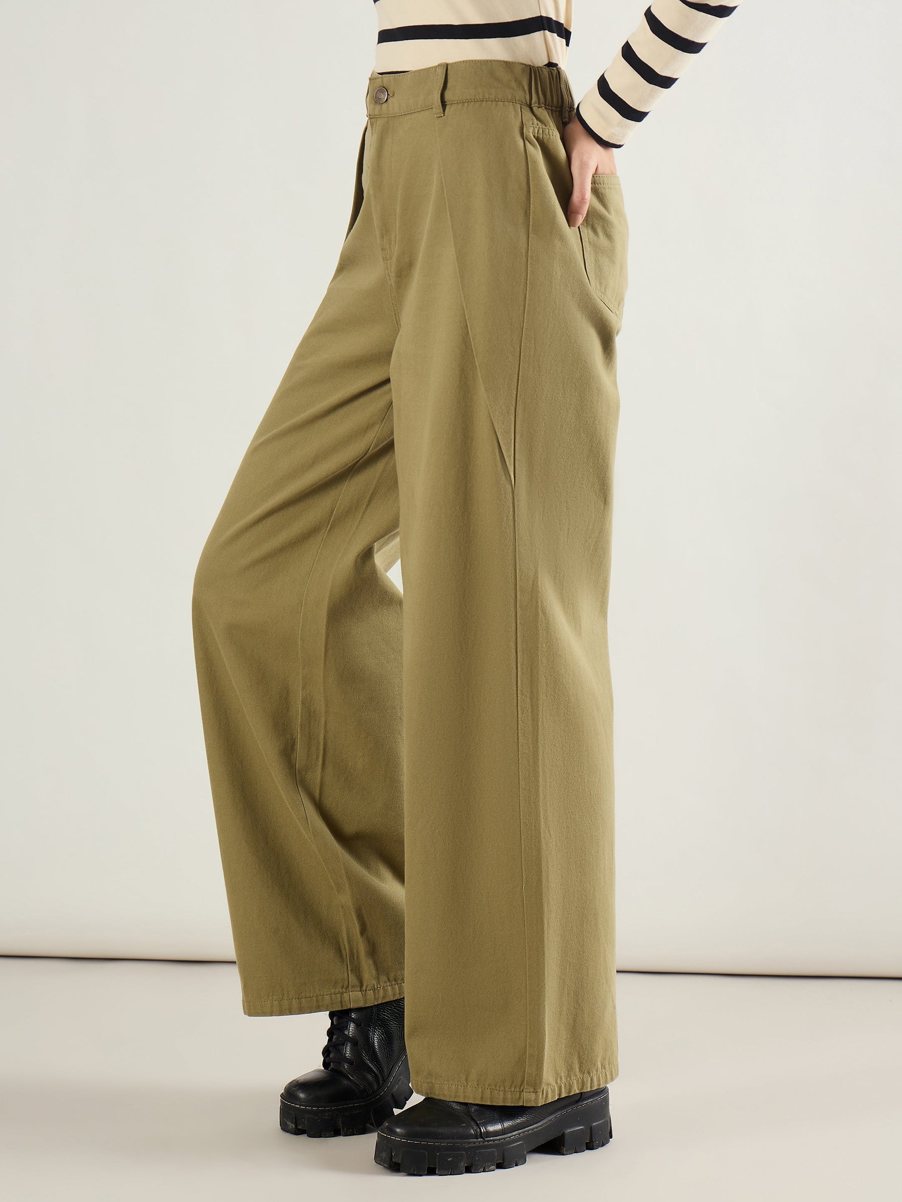 Olive Twill Inverted Pleat Wide Leg Pants-SASSAFRAS BASICS