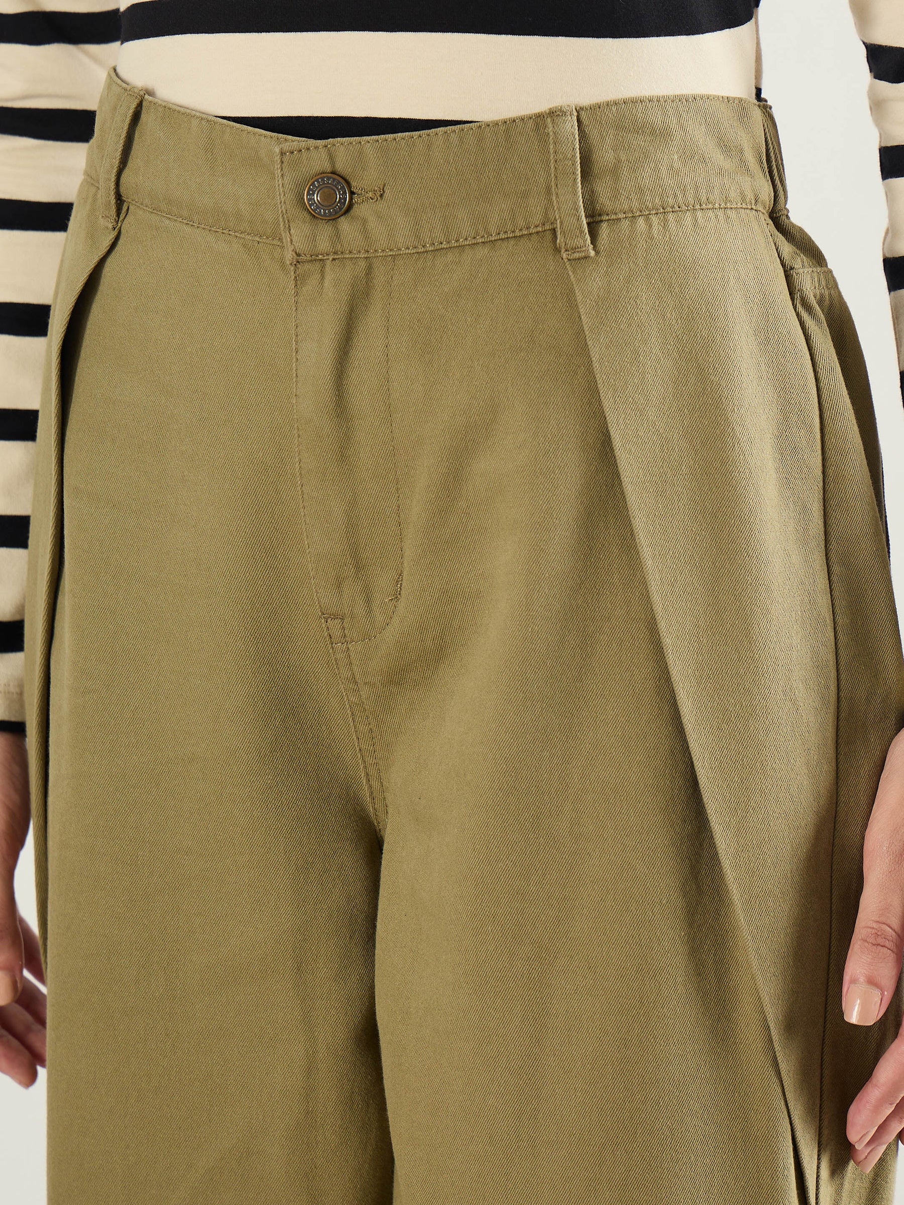 Olive Twill Inverted Pleat Wide Leg Pants-SASSAFRAS BASICS