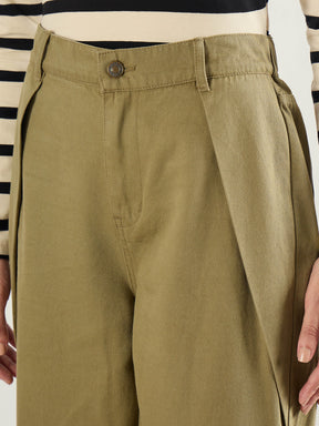 Olive Twill Inverted Pleat Wide Leg Pants-SASSAFRAS BASICS