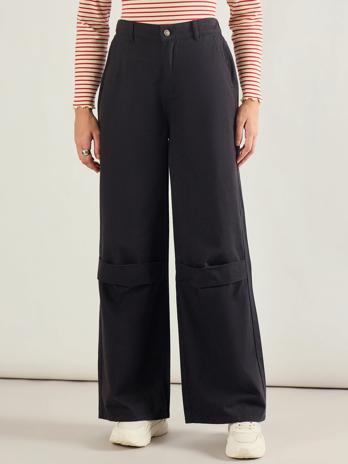 Black Twill Knee Pleated Wide Leg Pants-SASSAFRAS BASICS