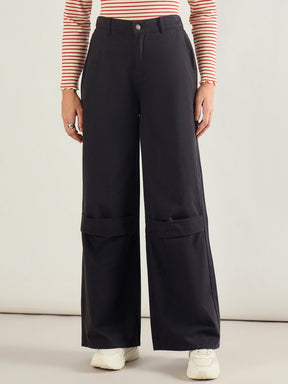 Black Twill Knee Pleated Wide Leg Pants-SASSAFRAS BASICS