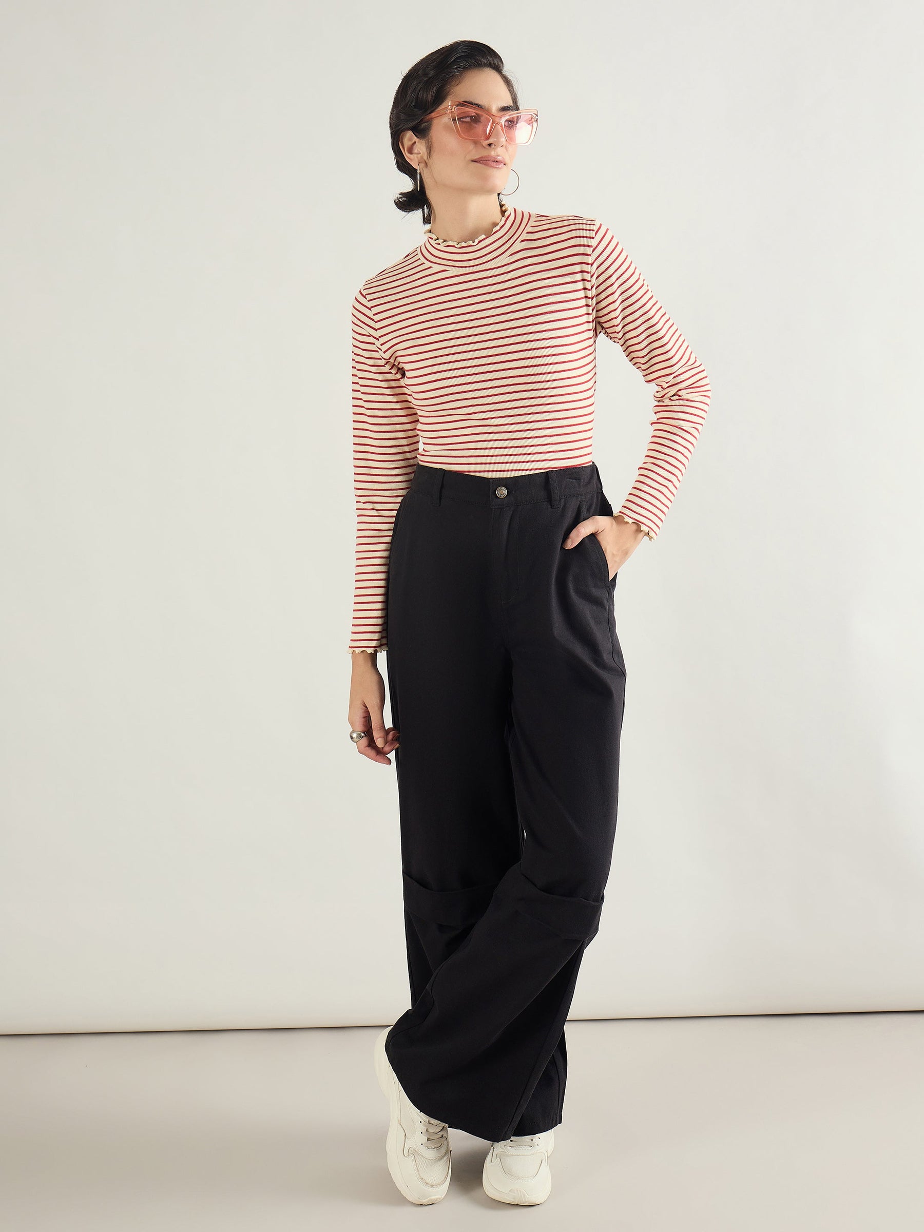 Black Twill Knee Pleated Wide Leg Pants-SASSAFRAS BASICS