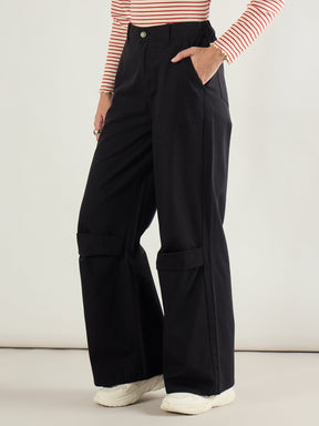Black Twill Knee Pleated Wide Leg Pants-SASSAFRAS BASICS