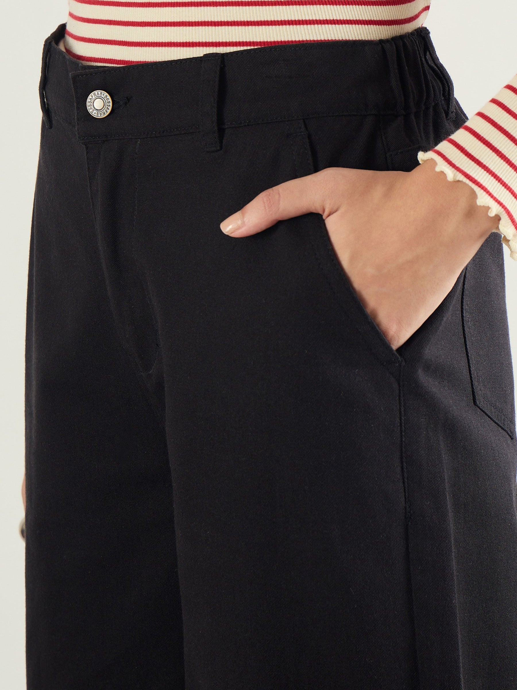 Black Twill Knee Pleated Wide Leg Pants-SASSAFRAS BASICS