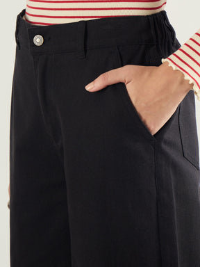 Black Twill Knee Pleated Wide Leg Pants-SASSAFRAS BASICS