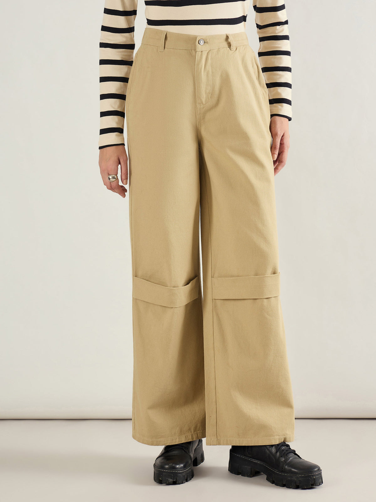 Beige Twill Knee Pleated Wide Leg Pants-SASSAFRAS BASICS