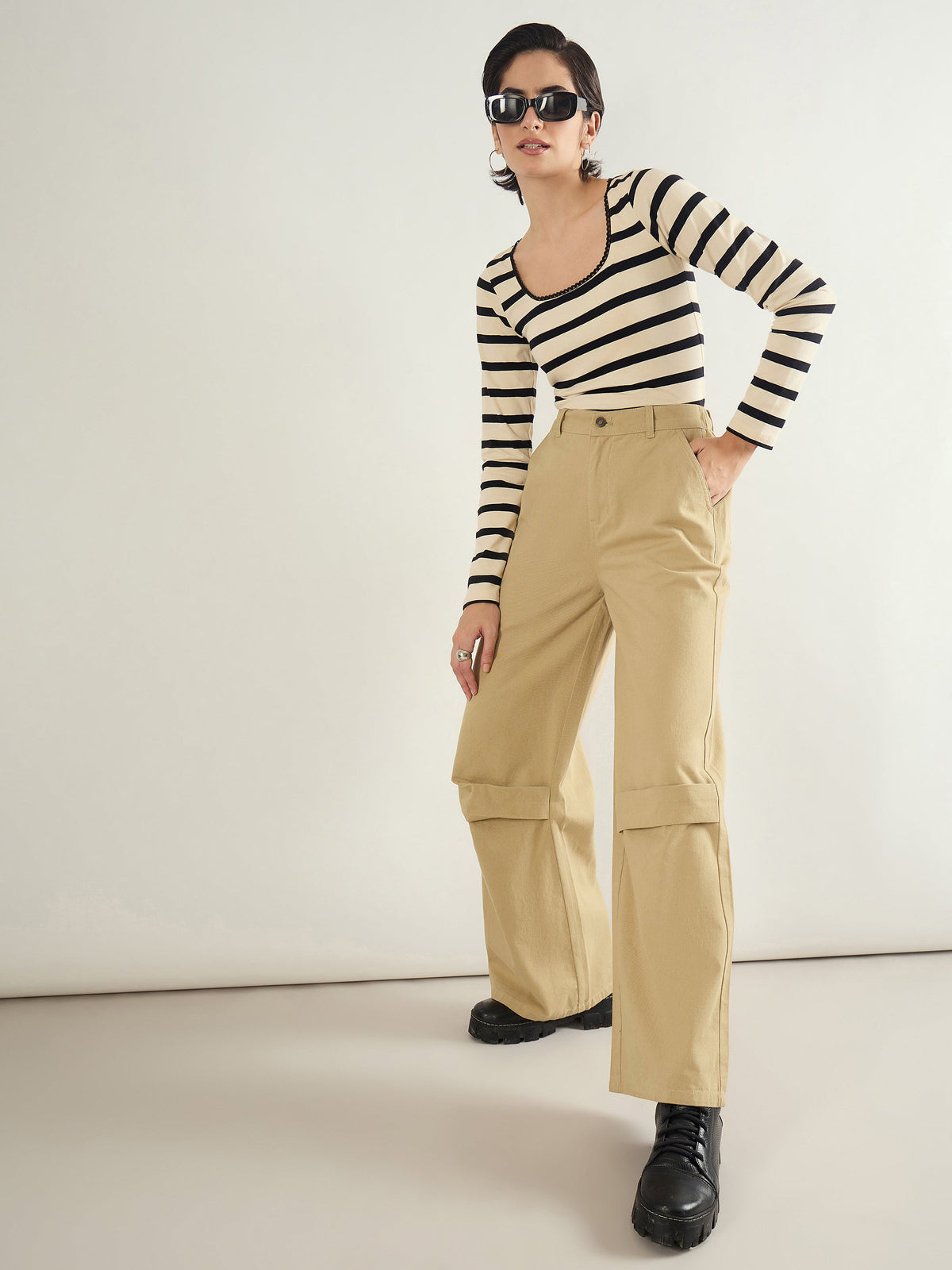 Beige Twill Knee Pleated Wide Leg Pants-SASSAFRAS BASICS