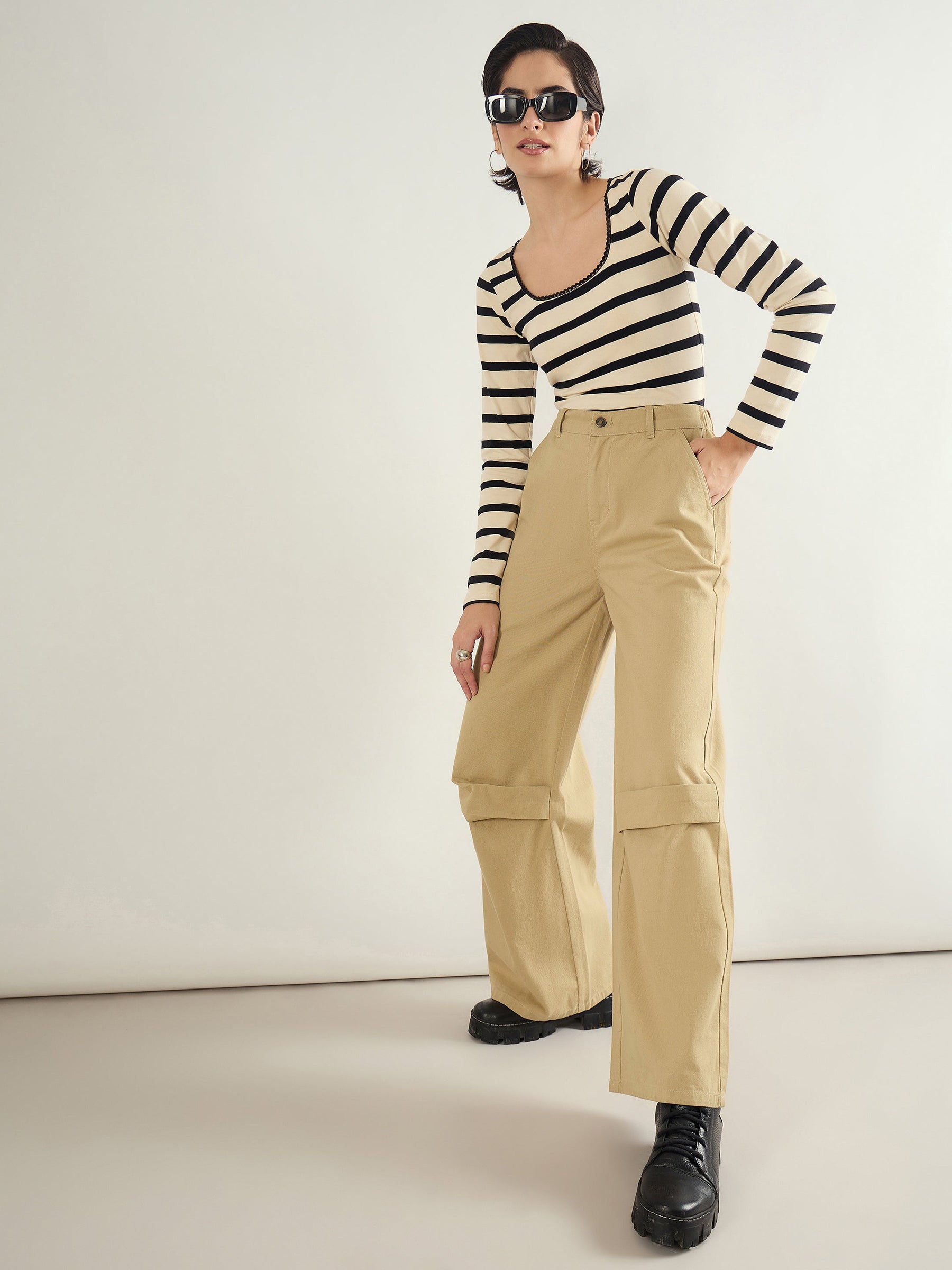 Beige Twill Knee Pleated Wide Leg Pants-SASSAFRAS BASICS