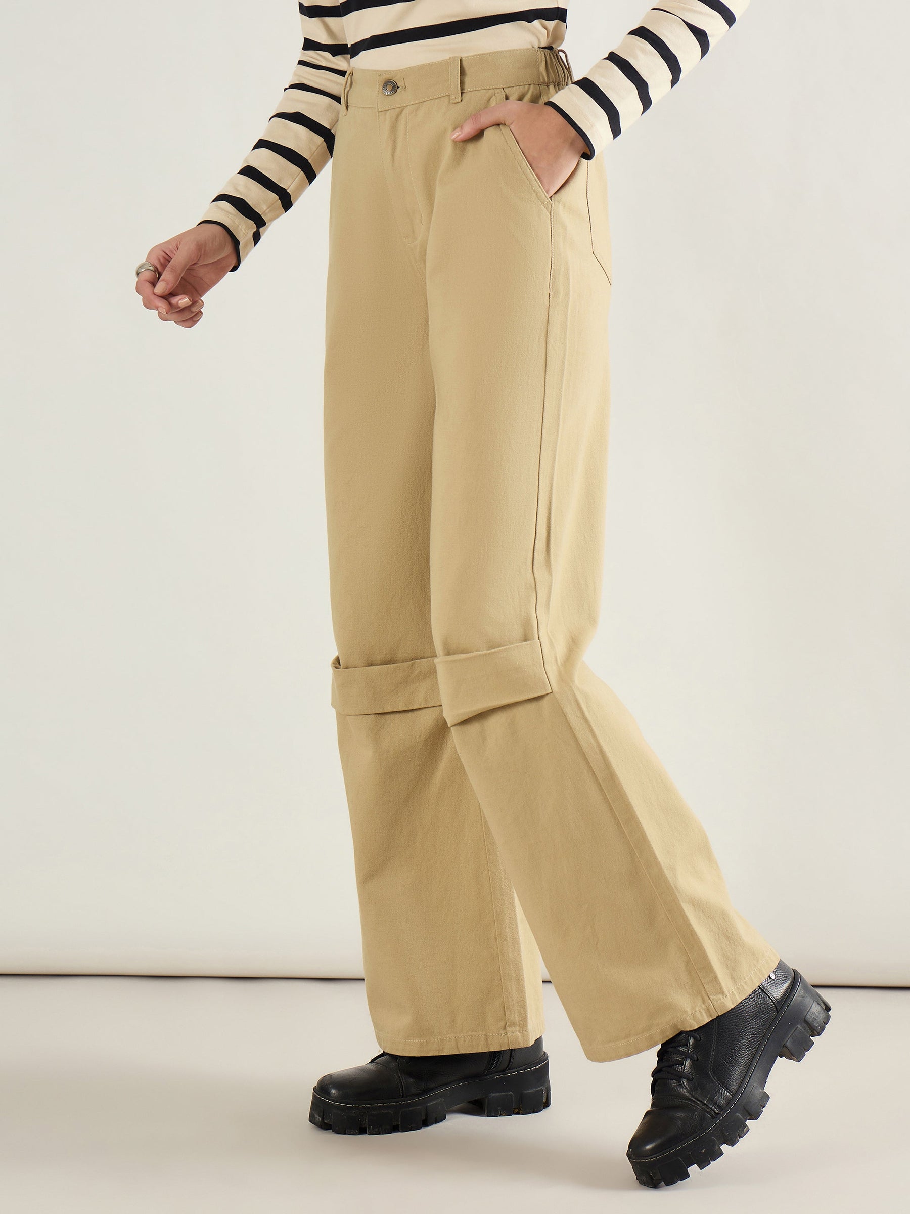 Beige Twill Knee Pleated Wide Leg Pants-SASSAFRAS BASICS