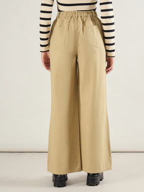 Beige Twill Knee Pleated Wide Leg Pants-SASSAFRAS BASICS