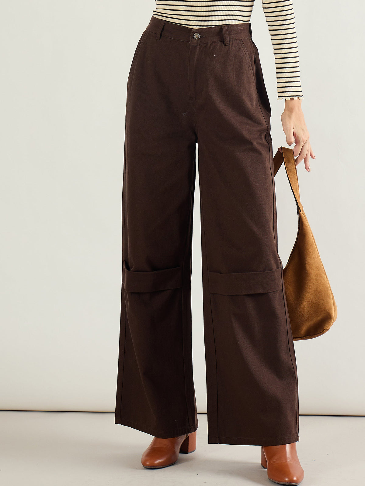 Brown Twill Knee Pleated Wide Leg Pants-SASSAFRAS BASICS