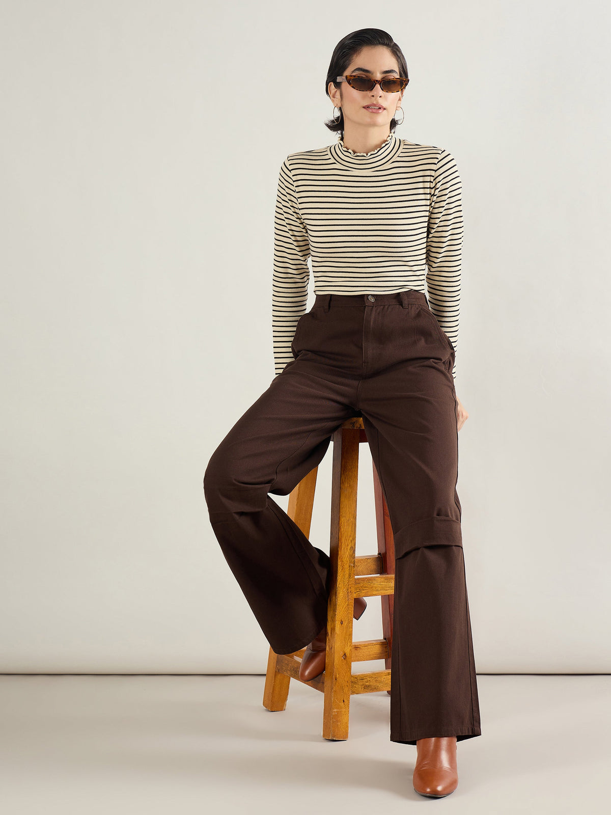 Brown Twill Knee Pleated Wide Leg Pants-SASSAFRAS BASICS