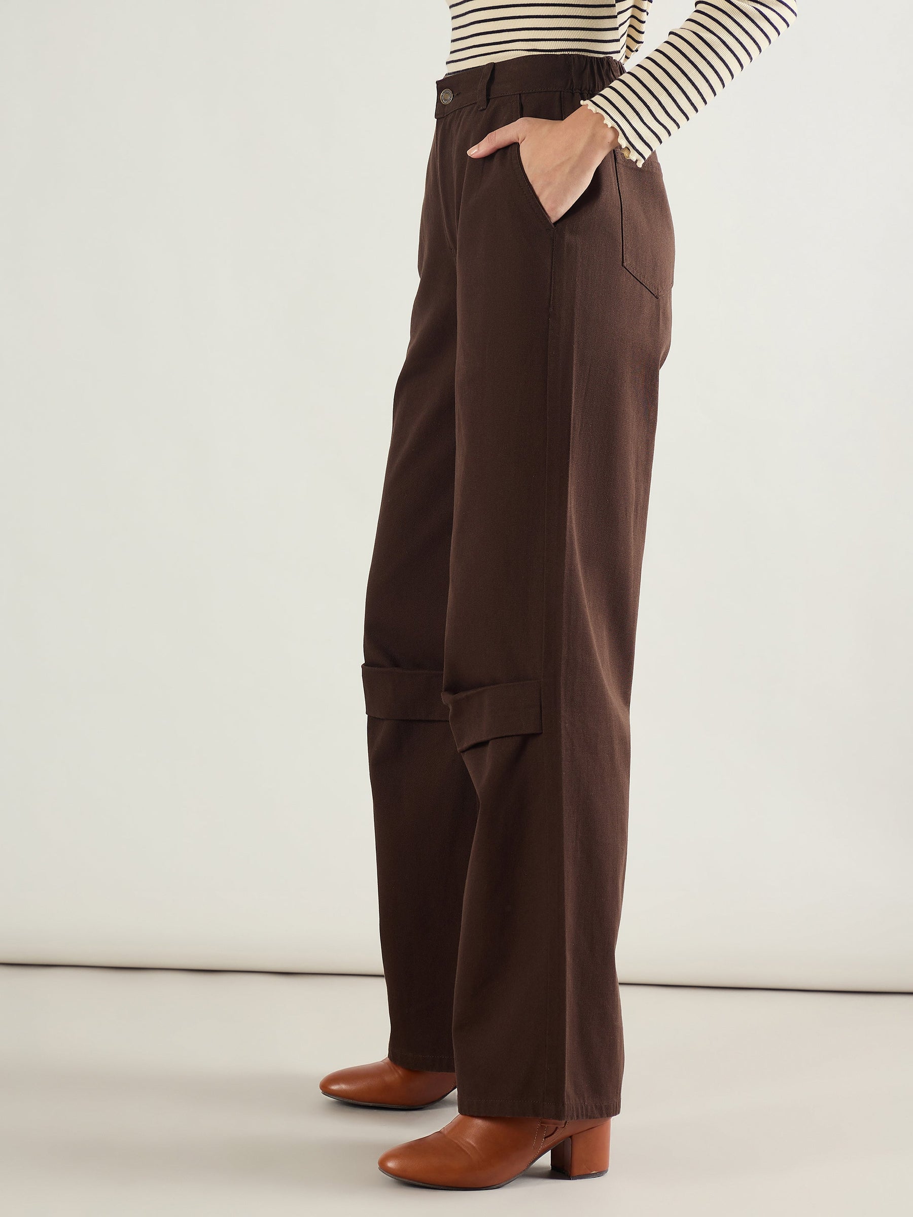 Brown Twill Knee Pleated Wide Leg Pants-SASSAFRAS BASICS